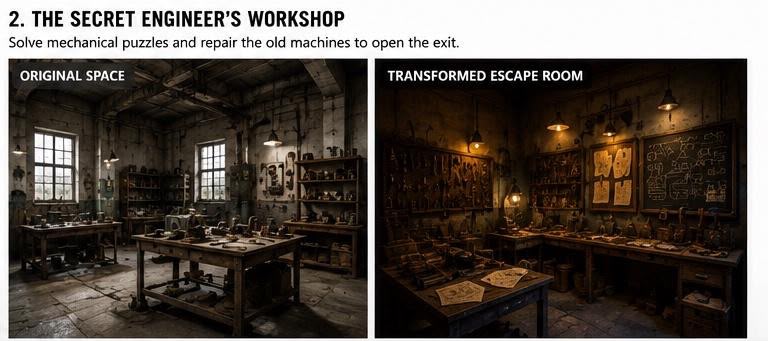 The Secret Engineer's Workshop — side-by-side comparison of empty workshop and transformed puzzle room with blueprints and mechanical puzzles